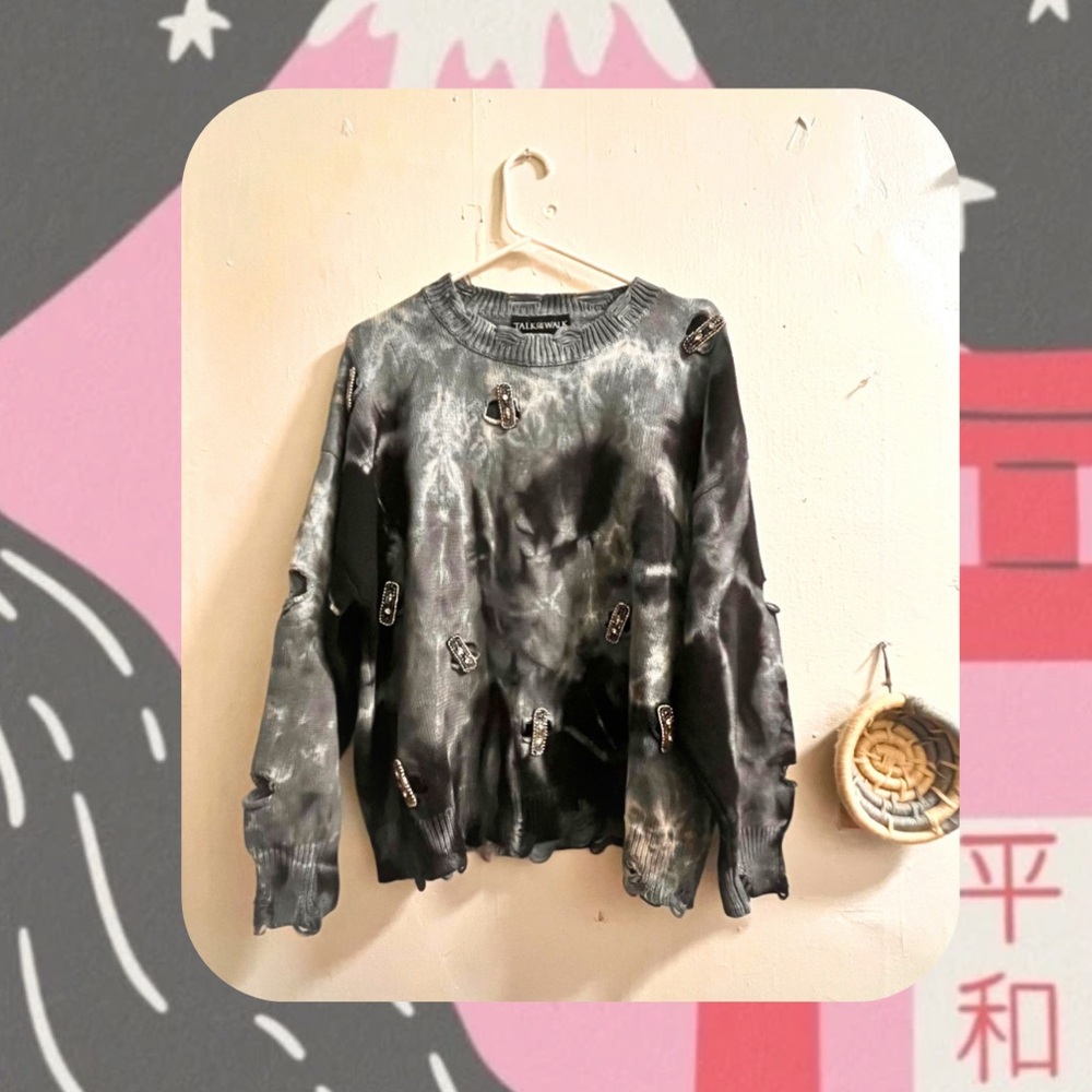 π Black & Gray tie dye oversized distressed pullover sweater crystal accents